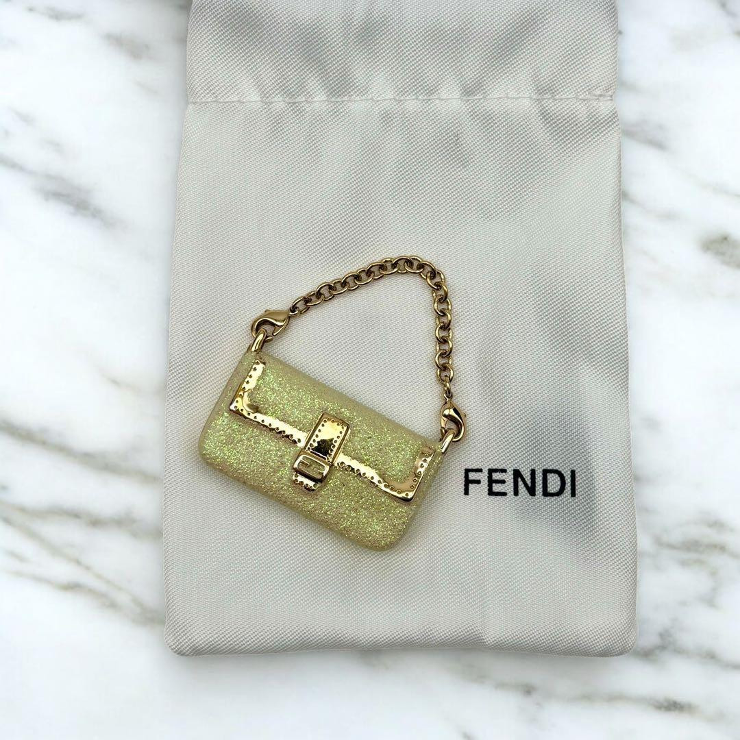 FENDI Mamma Baguette Mini Bag Charm Glitter Green Gold Rare Authentic