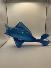 Vtg Rainbow Art Glass Amberina Hand Blown Blue Glass Fish Vase MCM Marlin 