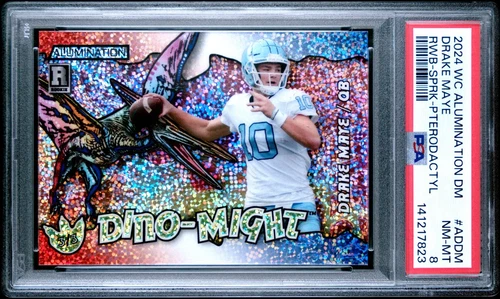 2024 WC Dino-Might Drake Maye RED/WHITE/BLUE SPARKLE Rookie RC #'D 3/3 PSA 8
