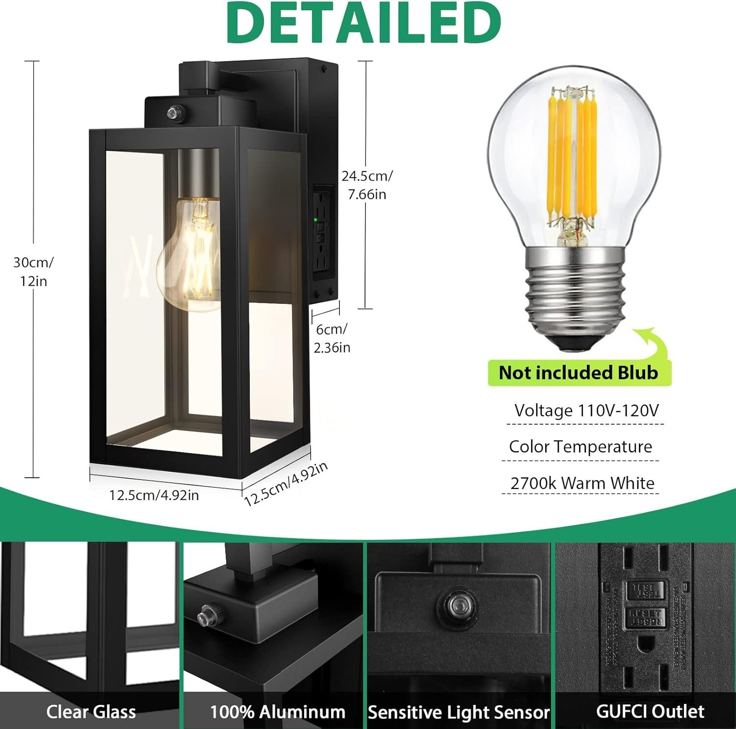 Outdoor Wall Lights 2 Pack Dusk to Dawn Porch Light with GFCI Outlet