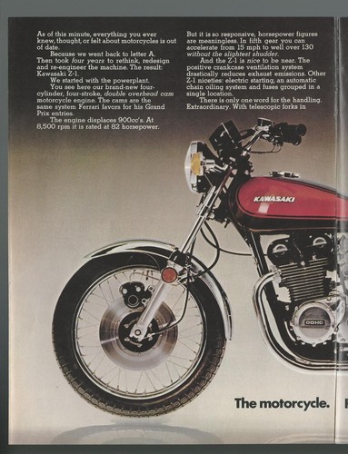 1973 KAWASAKI Z-1 motorcycle 2-page advertisement, Kawasaki bike print ad - Bild 2 von 3