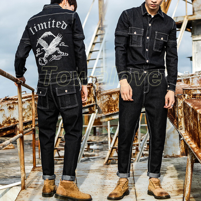 Men Retro Embroidery Denim Jumpsuit Slim Jeans Overalls Rompers