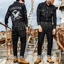 Men Retro Embroidery Denim Jumpsuit Slim Jeans Overalls Rompers Skinny Trousers
