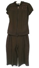 L.A. Blues Active Womens Brown Short Sleeve Hoodie Capri Pants Athletic Set Sz M
