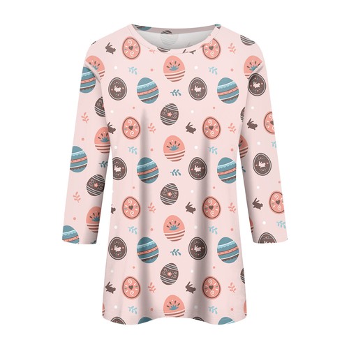 Women's Fashion Casual Seven Sleeve Easter Bunny Egg Print Round Neck Top - Picture 12 of 30