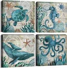 Bathroom Wall Art Beach Decor Ocean Sea Turtle Octopus Canvas Pictures Coastal R
