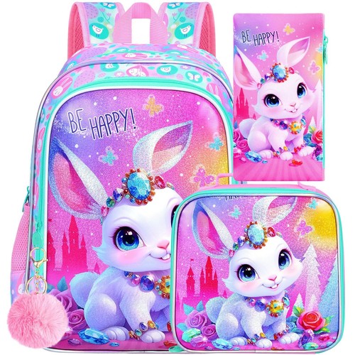 3Pcs Bunny Backpack for Girls 16" Kids Bookbag for Elementary Preschool Kinde...