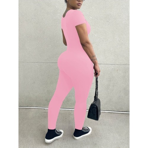 Womens Summer Fashion Short Sleeve Bodycon Jumpsuit One Piece Zip Up Romper - Picture 17 of 24