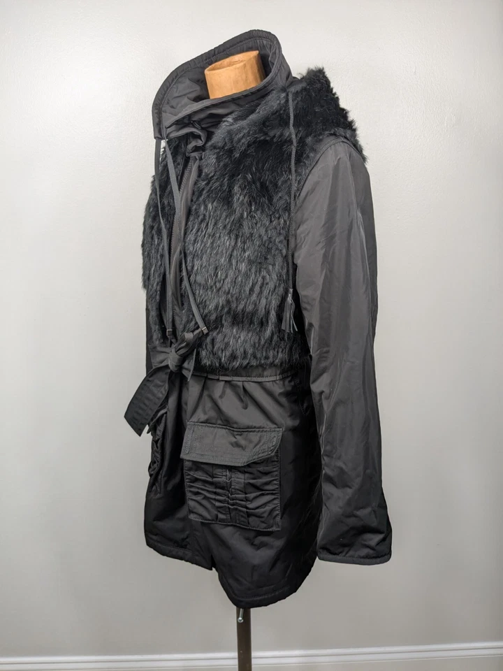 Ellie Tahari Genuine Rabbit Fur Black Winter Jacket Womens Size Small Belted - Image 3 of 4