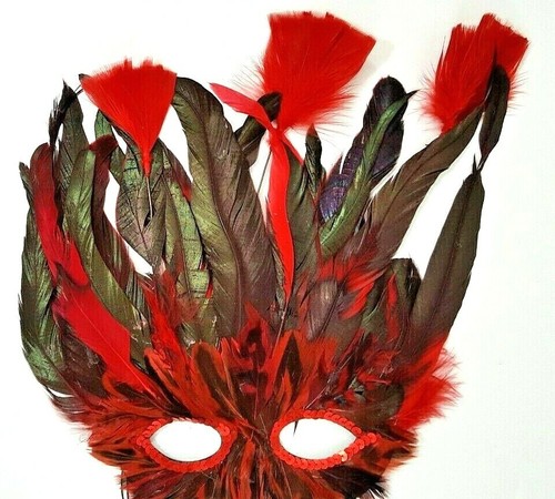 Red and Black Feathered Mardi Gras Mask With Feather Tassels Elegant - Picture 3 of 6