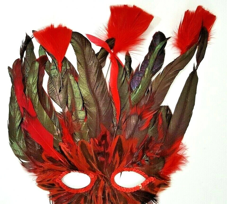 Red & Black Feathered Mardi Gras Mask With Feather Tassels Elegant - Image 3 of 4
