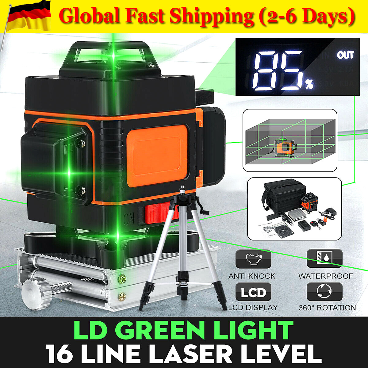 Details zu 4D Laser Level 16 Line 360° Kreuzlinienlaser Grün Laserlinie Linienlaser Measure Sofortiger Lieferbestand
