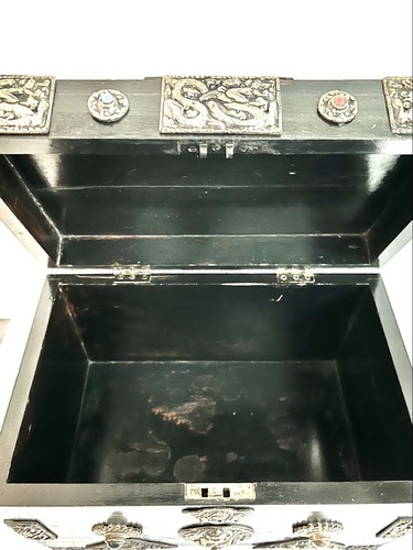 TIBETAN*TREASURE CHEST~ 1960*JEWELED*BLACK WOODEN~BRASS~FOOTED~HINGED 15Lx11HX9” - Picture 7 of 11
