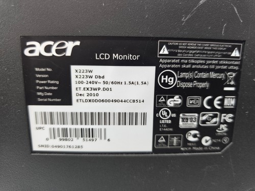 Acer X223W DBD LCD Monitor 22inch High Resolution Widescreen READ - Picture 5 of 7