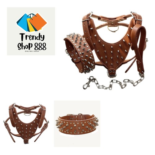 Leather Spiked Studded Medium & Large Dog Collars, Harnesses & Chain Leashes ...