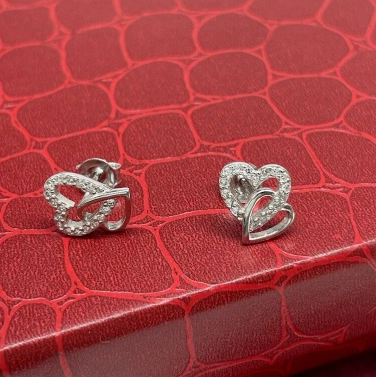 ORECCHINI CUORI DOPPI BRILLNATATI IN ARGENTO 925 RODIATO A BOTTONE RAGAZZA DONNA - Immagine 3 di 4