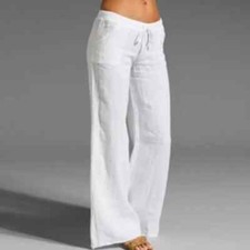 NEW Women Cotton Linen Trousers Ladies High Waist Holiday Baggy Wide Leg Pants