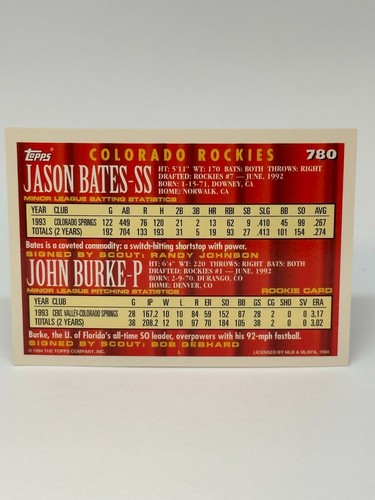 1994 Topps Baseball #780 Jason Bates / John Burke CA Colorado Rockies - Bild 2 von 2