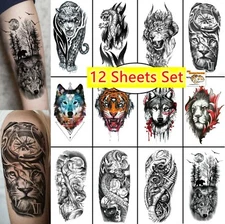 Set of 12 Waterproof Temporary Tattoo Stickers Animal Tiger Wolf Arm & Body Art
