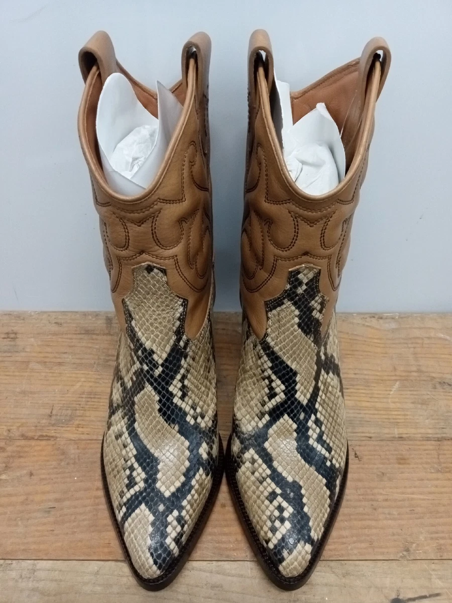 Ralph Lauren Womens Ankle Boot Cowboy Leather Snake Skin Emboss Tan 7.5 B