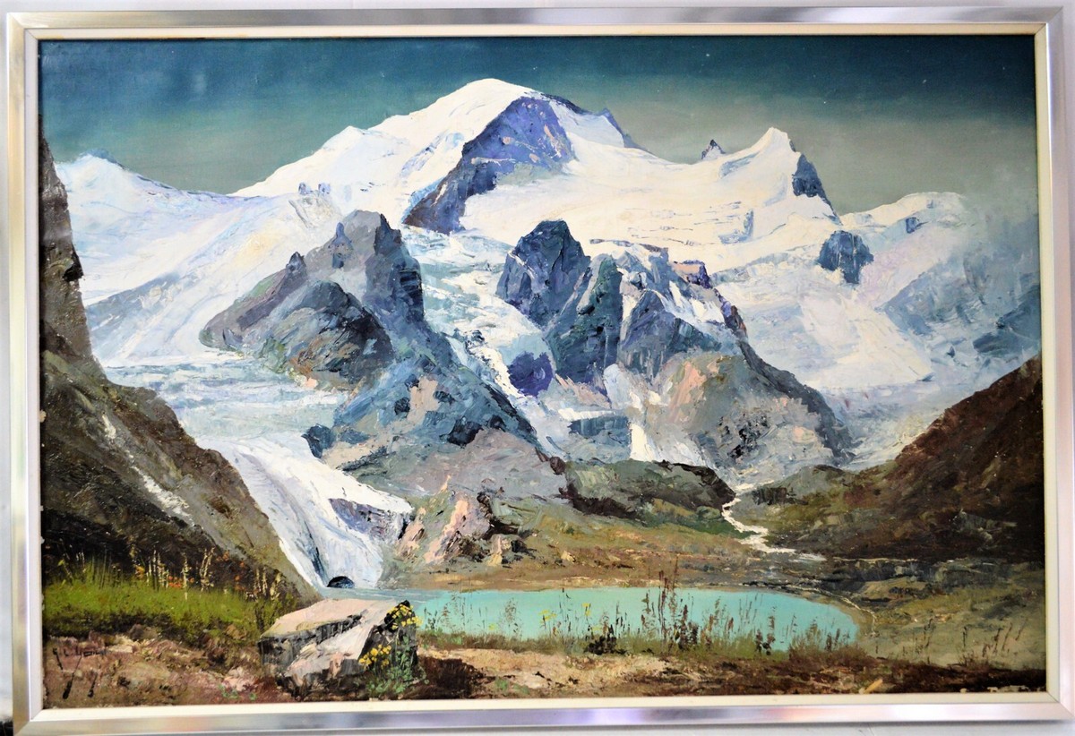 VINTAGE PAINTING ON CANVAS SIGNED GERMAN ARTIST WINTER MOUNTAIN