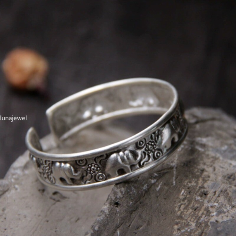 Pure S925 Sterling Silver 925 Elephant Wide Bracelet Bangle OPEN