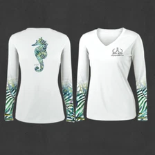 Ladies White V-Neck Seaweed Seahorse Performance Fishing Shirts - PINK 