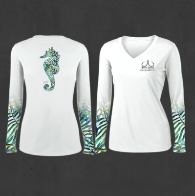 JESSIE JESSUP APPAREL Ladies White V-Neck Seaweed Seahorse Performance Fishing Shirts - PINK