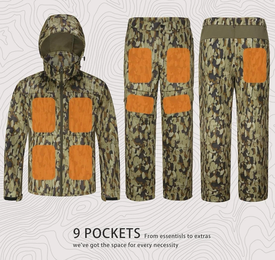 Conjunto de chaqueta y pantalón de caza silencioso resistente al agua, forrado de lana, correa de seguridad Foto 2 de 4