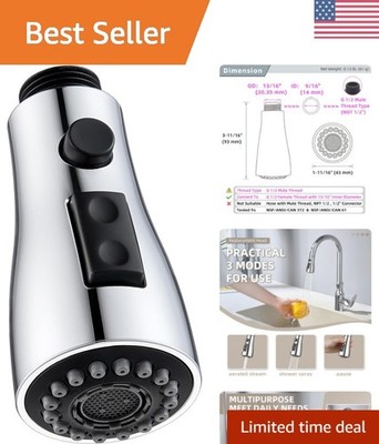 Versatile Chrome Plated Faucet Head with 3 Modes, Fits Standard Kitchen Faucets