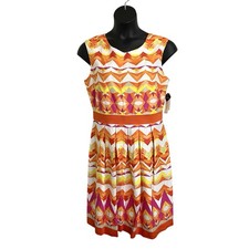 Sandra Darren Fit&Flare Dress Womens 14 Pink Orange Tan Yellow Pleated Razorback