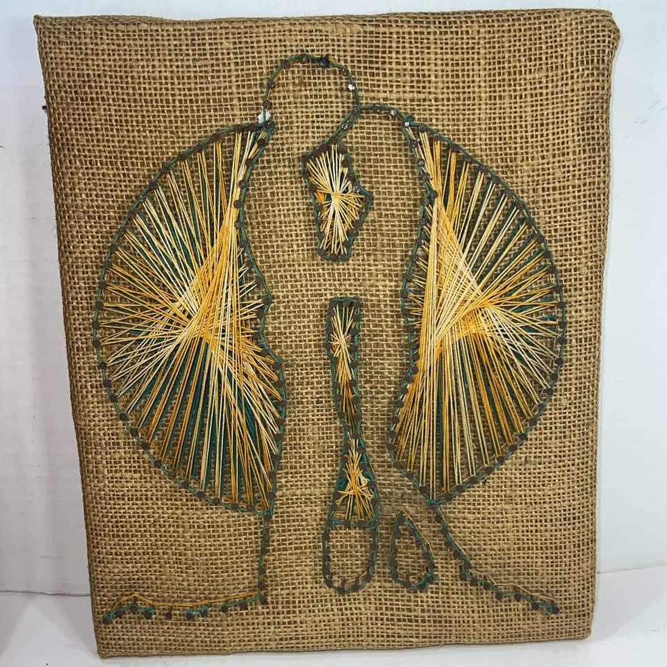 Vintage MCM Handmade String Wall Art Man Woman And Sun On Burlap Signed 9x11.5”