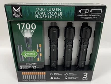 3 Pack Member’s Mark 1700 Lumen Dual Power LED Flashlight Set Rechargeable & AAA