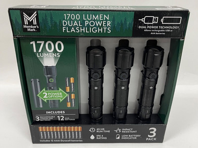 3 Pack Members Mark 1700 Lumen Dual Power LED Flashlights Set Rechargeable & AAA