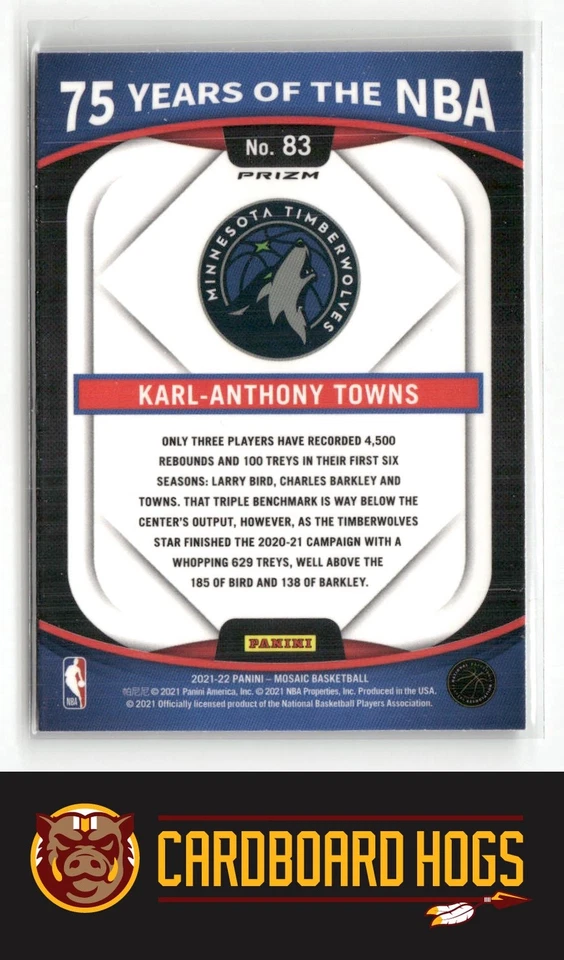 2021-22 Mosaic #83 Karl-Anthony Towns Timberwolves 75 Years of the NBA Prizm - Image 2 of 2