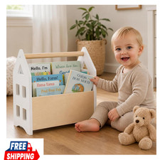 Kids Book Shelf Wooden Montessori Style with Handle, White MDF and Basswood