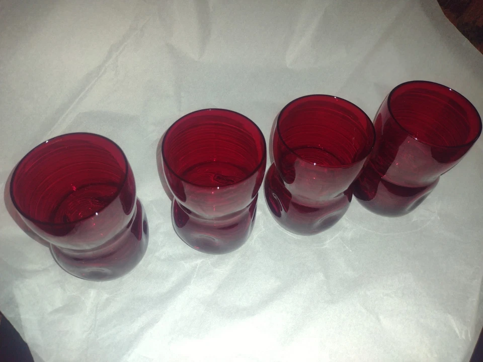 4 Vintage Blenko Ruby Red Pinched Glass Tumbler w Pontil 4" Tall Excellent Cond - Image 2 of 4