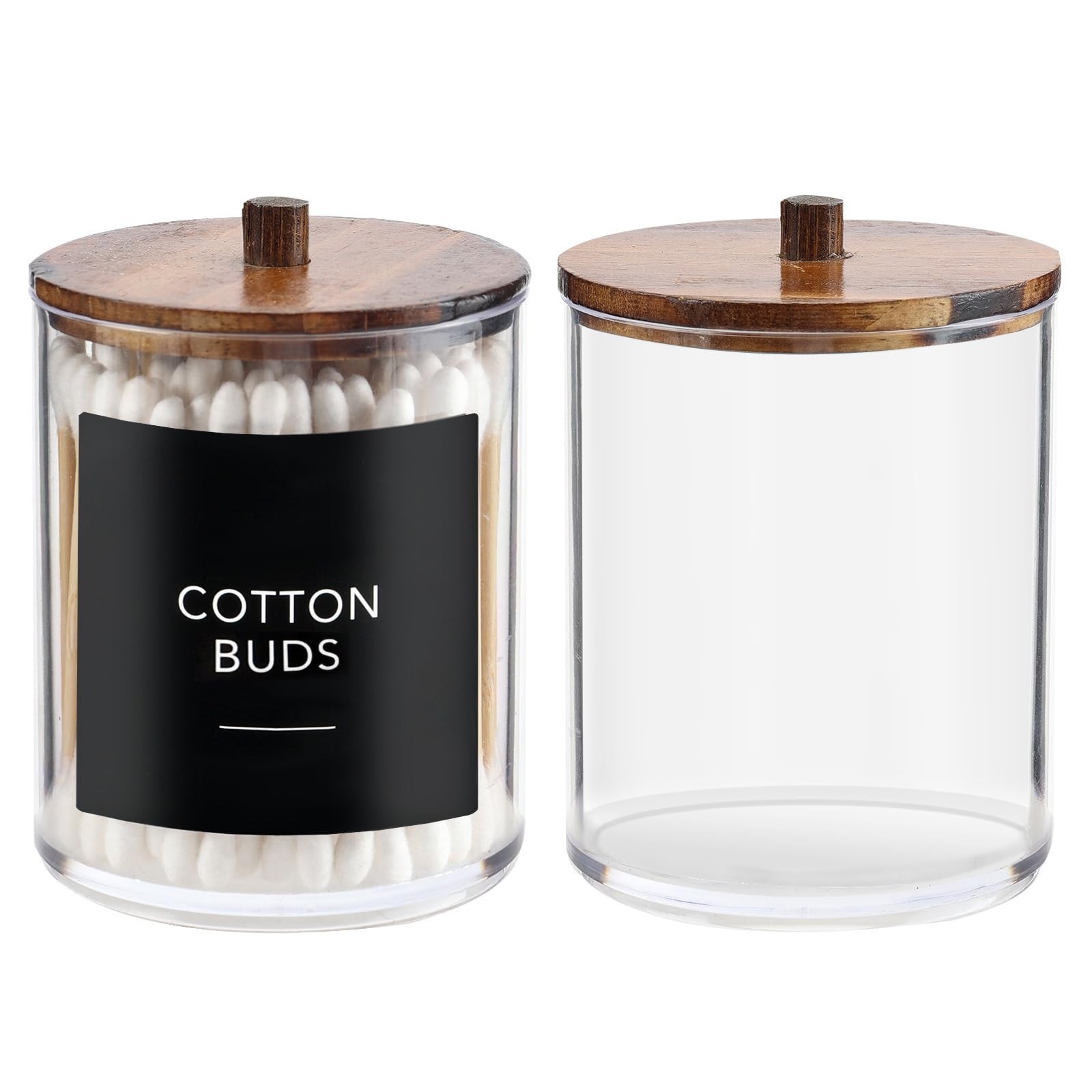2 Pack Qtip Holder Dispenser with Wood Lids - 10 oz Clear Plastic Apothecary ...