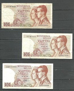 BELGIUM 50 Frank 1966 lot of three 3 different signatures circulated (vg f)