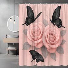 Pink Floral Shower Curtain with Black Butterflies - Elegant Home Decor