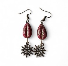 Handmade Antique Bronze Snowflake Drop Earrings Crimson Red Gold Filigree