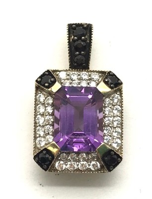Sterling 925 goldfarben Smaragdschliff lila Amethyst CZ schwarzer Onyx Kaution X Anhänger