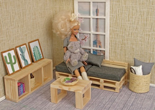 Pallet set for dollhouse furniture in loft style 1:6 scale dolls 12" Barbie - Picture 6 of 12