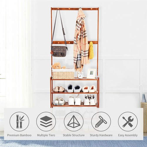 Bamboo Entryway Shoes Storage Rack Coat Hanger Standing Shelf Hall Tree Hooks AU - Picture 5 of 18