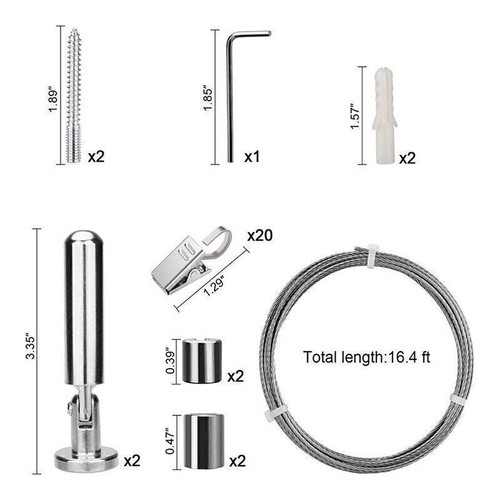 5m Edelstahl Vorhangdraht Wandhalterung Set, mit 20 PCS Metall Clips Haken , - Bild 3 von 13