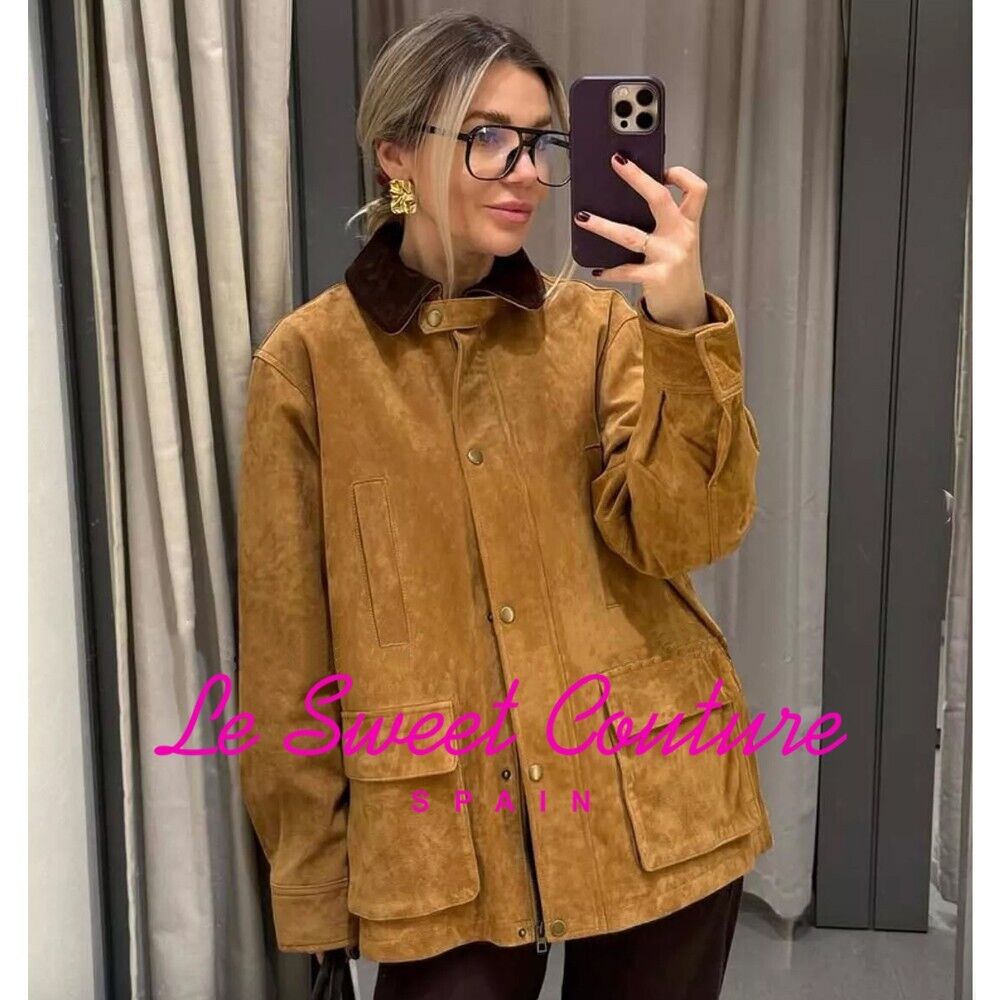 ZARA WOMAN NWT SS25 CONTRAST 100% SUEDE LEATHER JACKET WITH ZARA WOMAN NWT SS25 CONTRAST 100% SUEDE LEATHER JACKET WITH