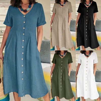 Abito Longuette Da Donna In Cotone E Lino Con Scollo A V Abito