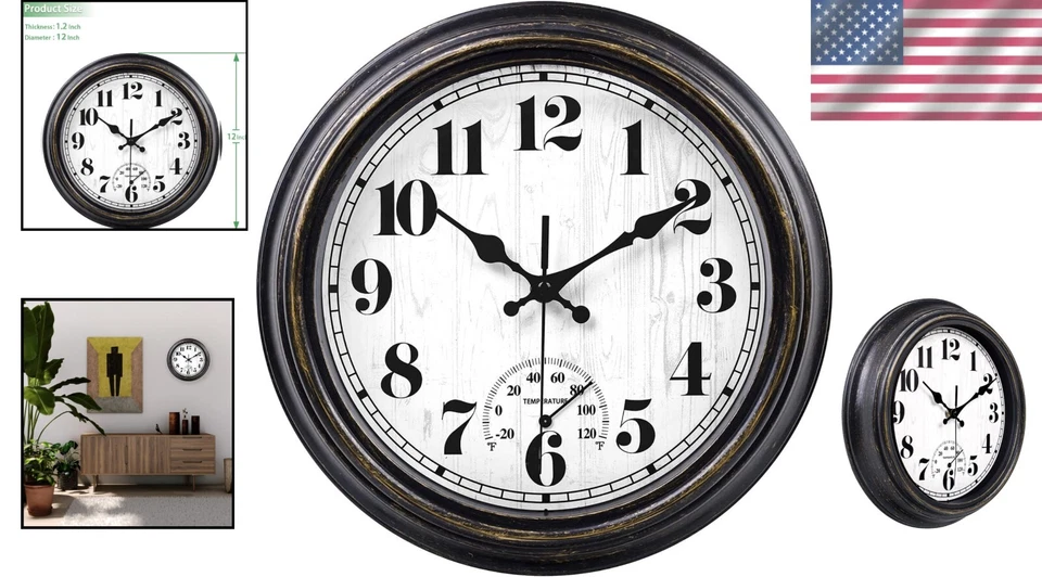 Classic Retro 12" Wall Clock for Indoor/Outdoor Use – Non-Ticking & Waterproof - Image 2 of 4