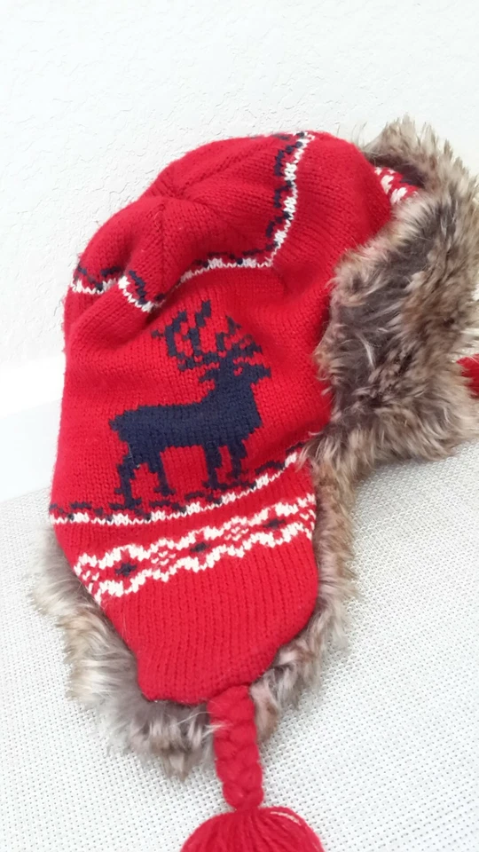Baby Gap Trapper Hat Christmas Pattern Red/Navy Faux Fur Lined Size S/M EUC - Image 3 of 4