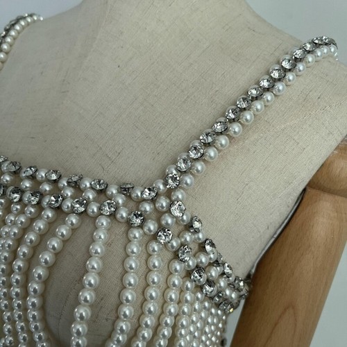 Fashion Body Chain Baroque Bead Sparkly White Woven Mesh Night Club Short Vest - Picture 6 of 8